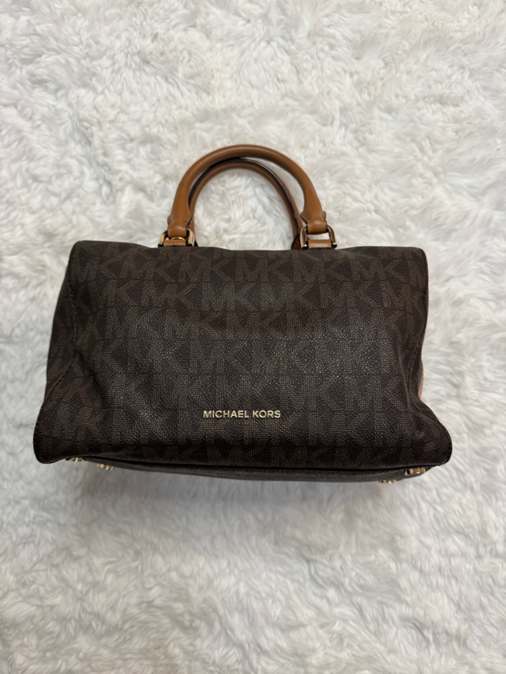 Michael Kors Brown Monogram Satchel with Tan Handles Boston Style